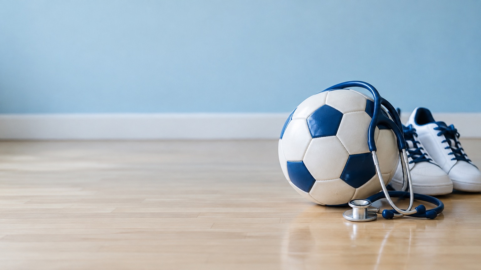 Pelota de fútbol con un estetoscopio y zapatillas en el piso de un gimnasio