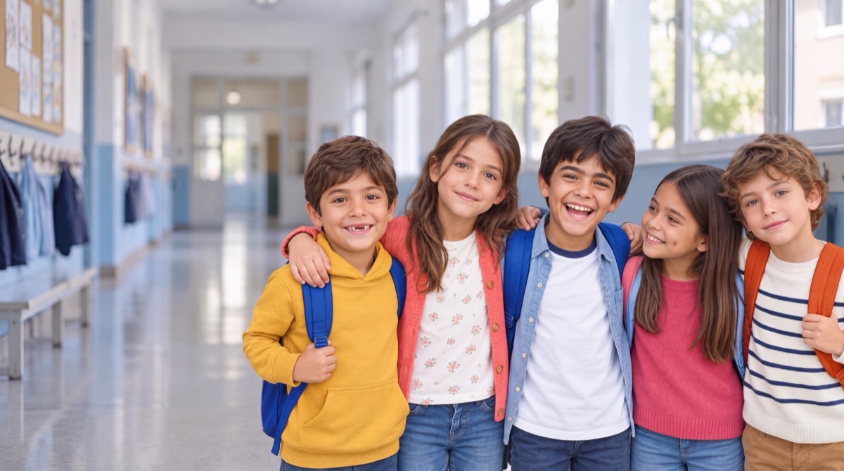 Cinco chicos sonrientes con mochilas, abrazados en el pasillo de una escuela