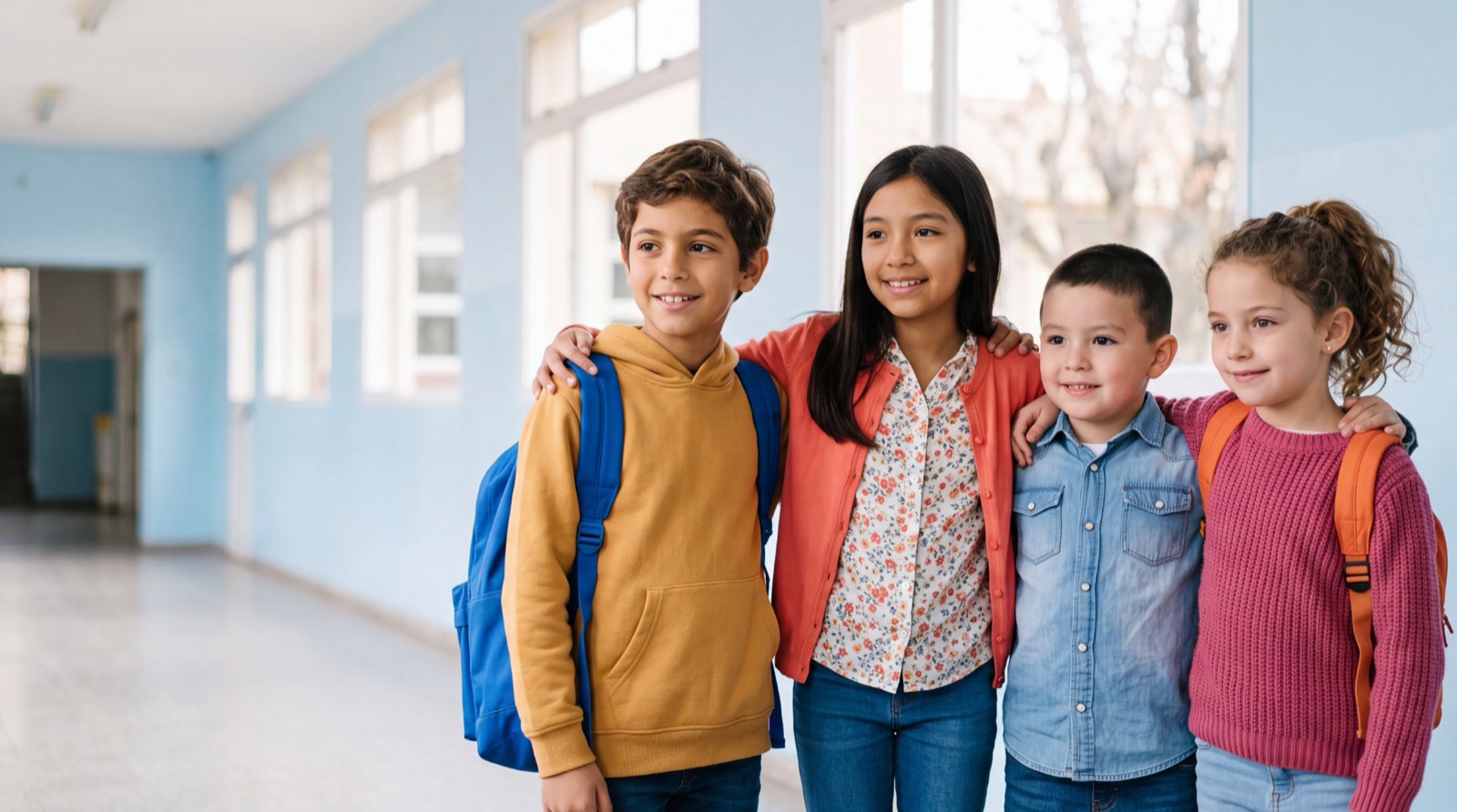Cuatro chicos sonrientes con mochilas, abrazados en el pasillo de una escuela