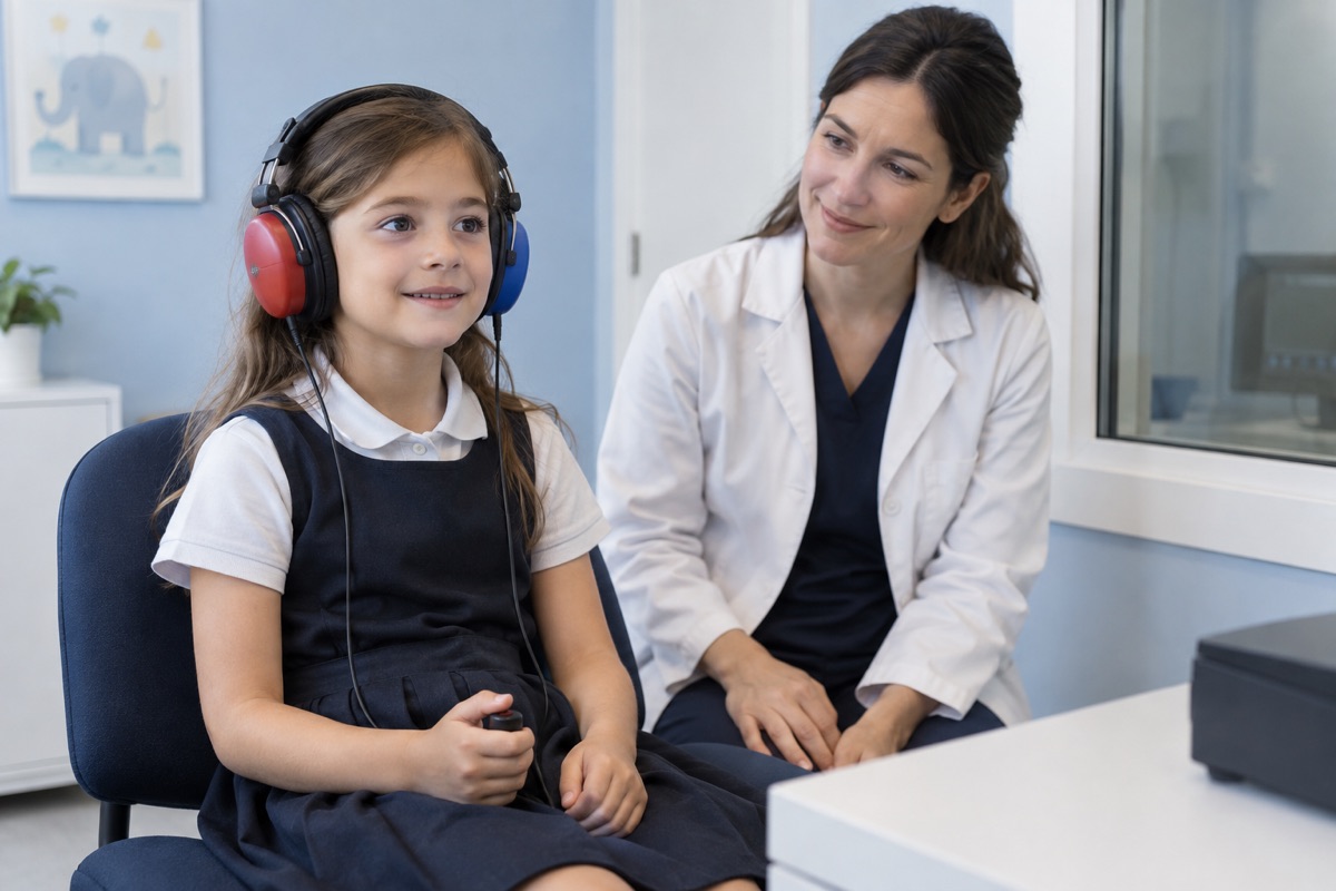 Una niña con auriculares durante una audiometría
