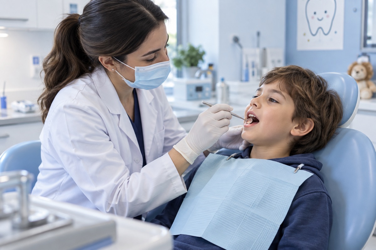 Un niño durante un control odontológico con espejo dental