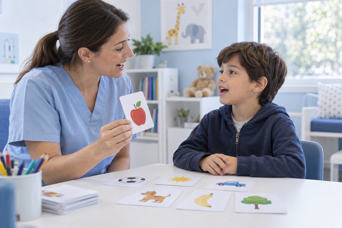 Un niño y una fonoaudióloga trabajan con tarjetas de imágenes