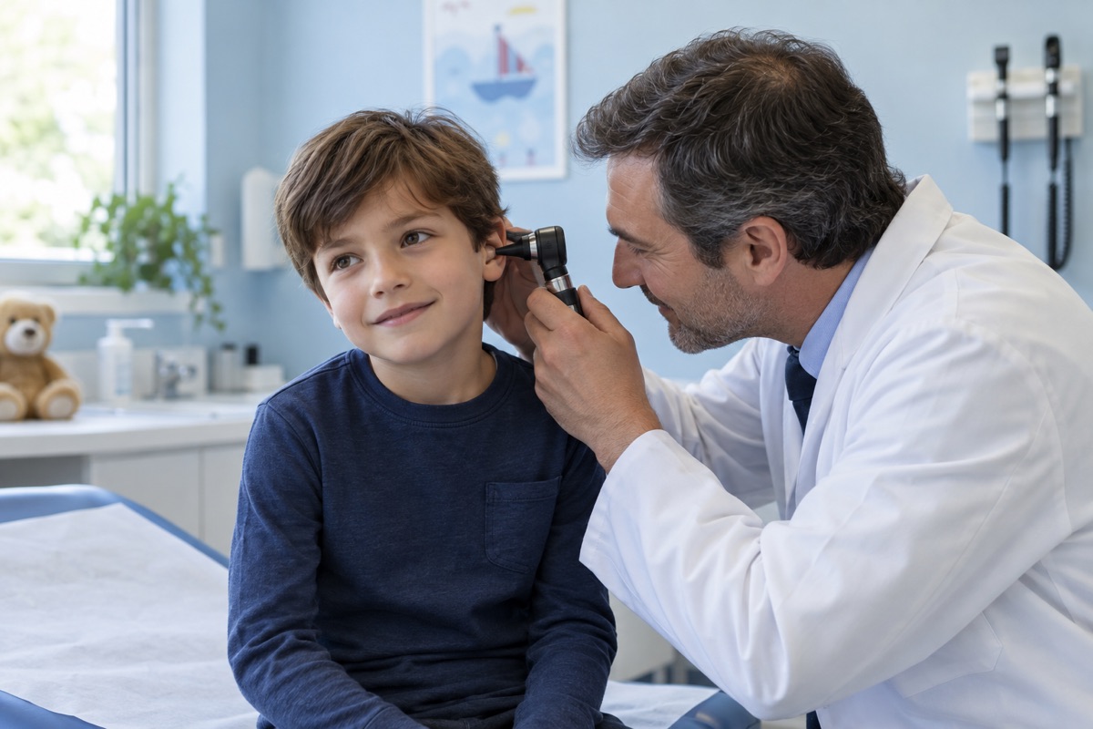 Un niño durante una revisión del oído con otoscopio