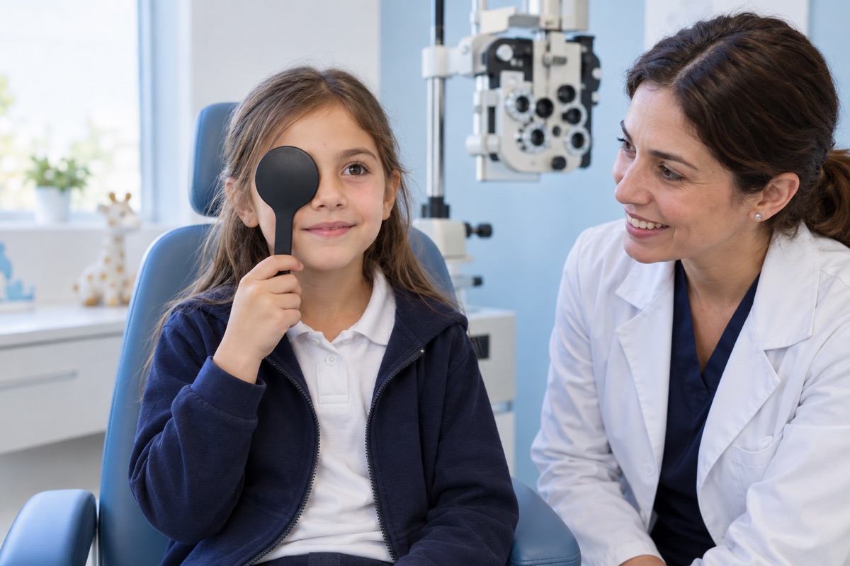 Una niña durante una evaluación de la visión con un oclusor